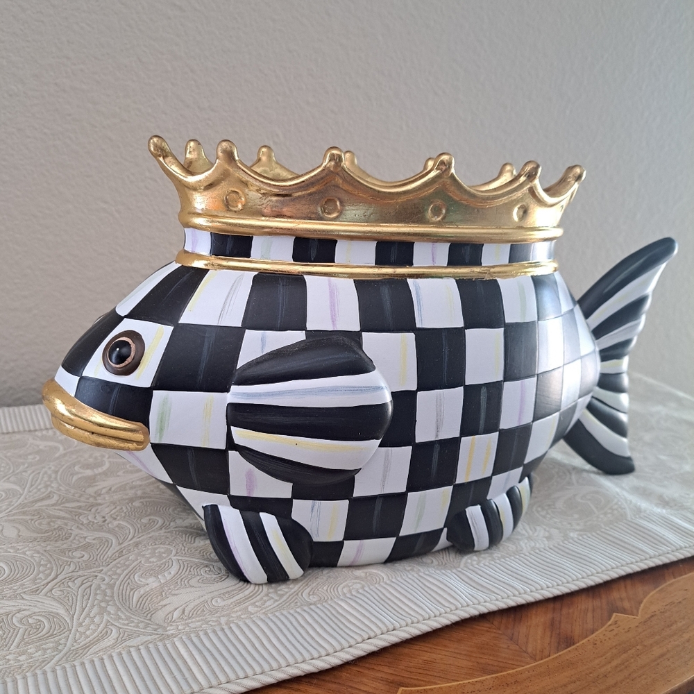 On Hold-MacKenzie-Childs Black and White Checkered Crowned King Fish Planter
